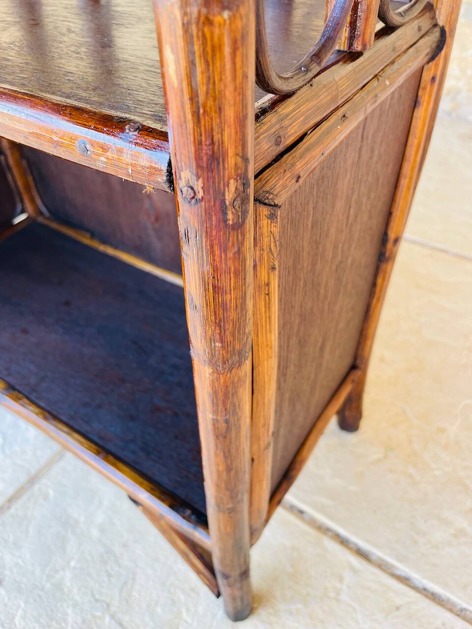 Vintage two-tier bamboo and rattan shelf with storage, Circa 1960