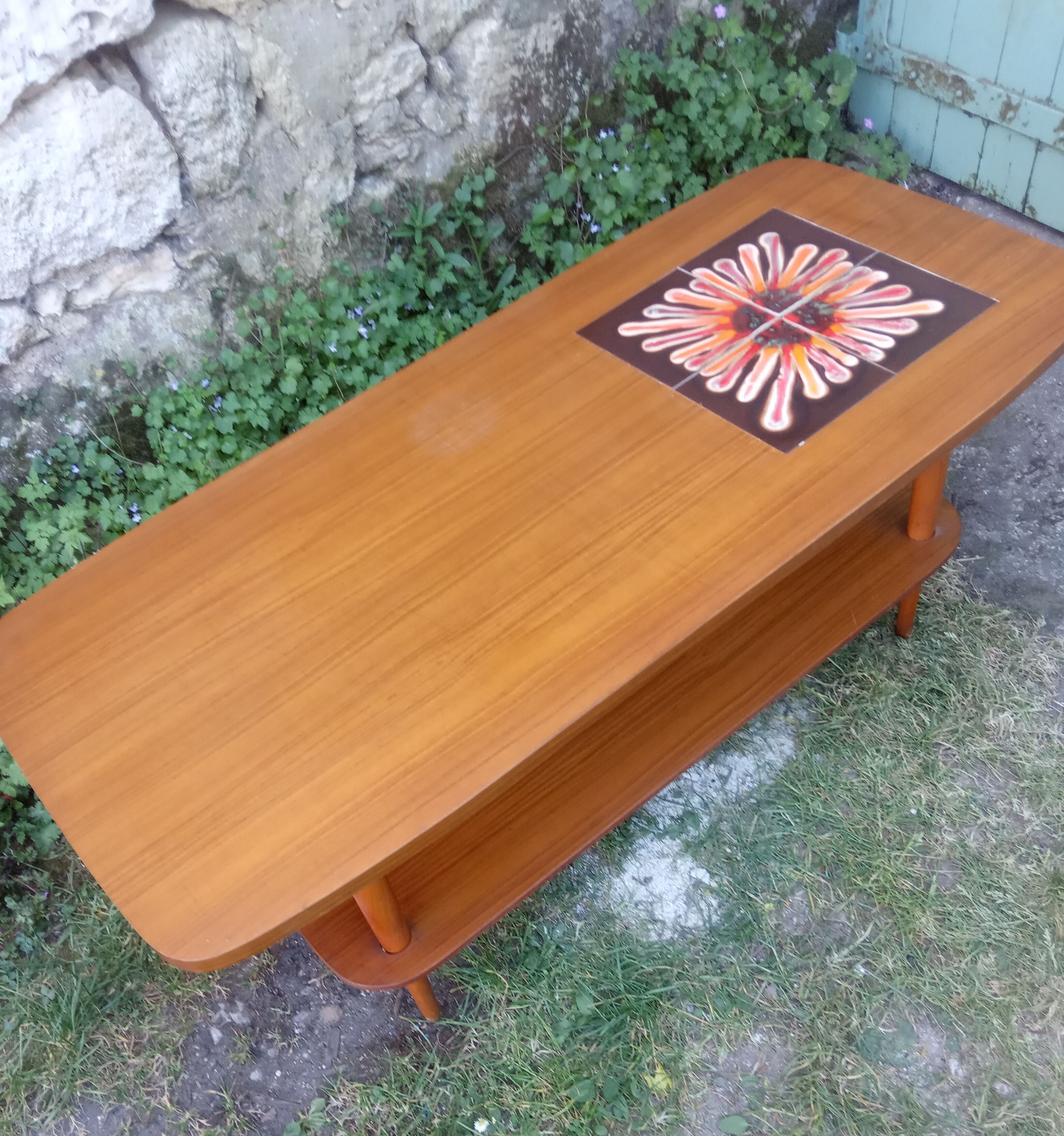 Table basse vintage teck et céramique