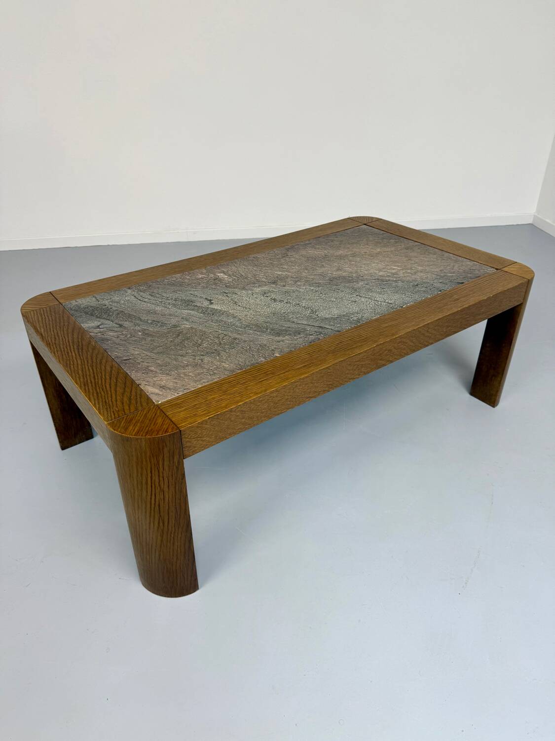 Old coffee table in wood and granite stone, vintage design from the 70s