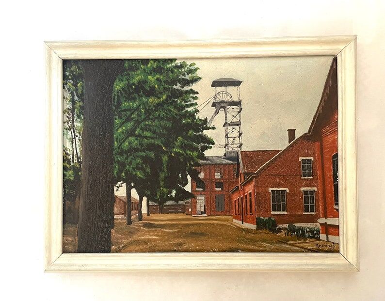 1930s French oil painting on canvas, industrial site with mine in Northern France