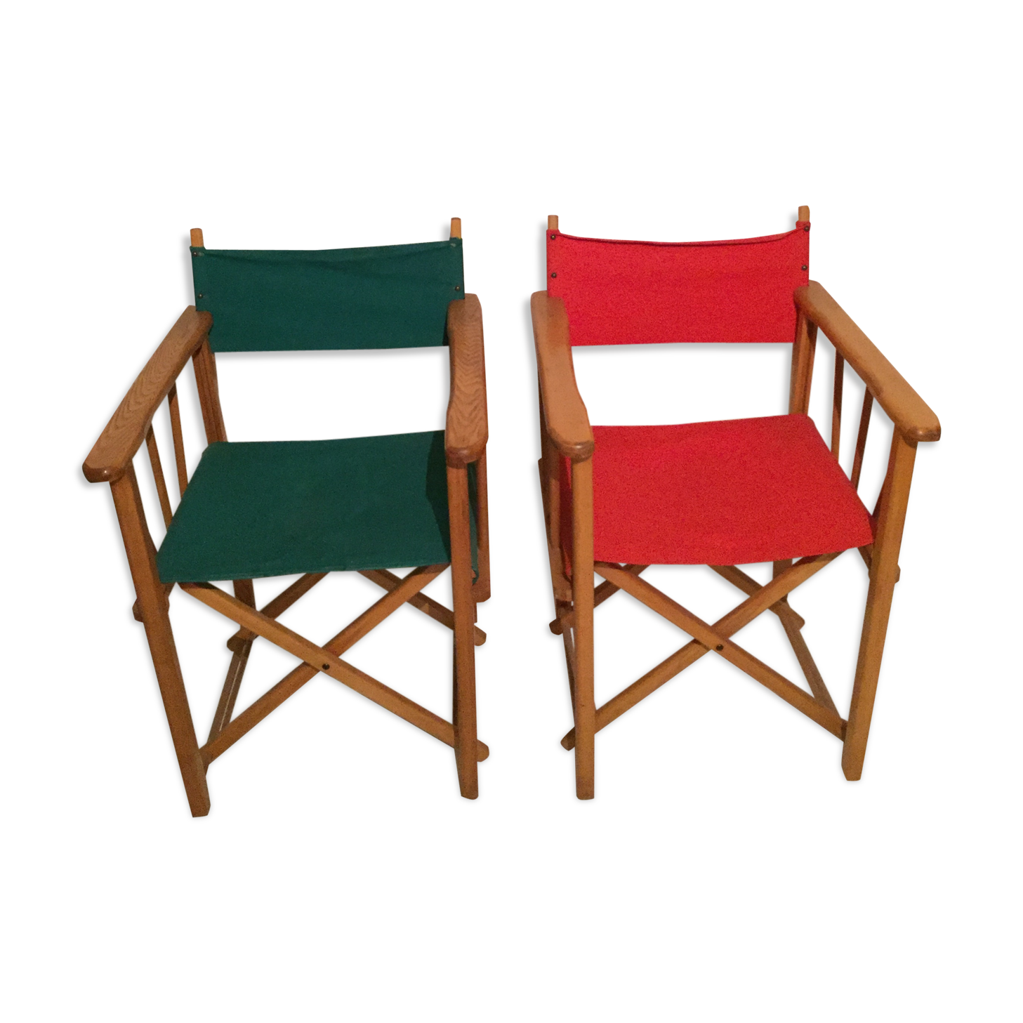 Pair of folding chairs in wood and vintage canvas, 1970s