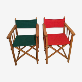 Pair of folding chairs in wood and vintage canvas, 1970s