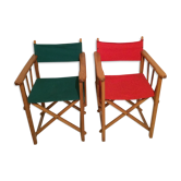 Pair of folding chairs in wood and vintage canvas, 1970s