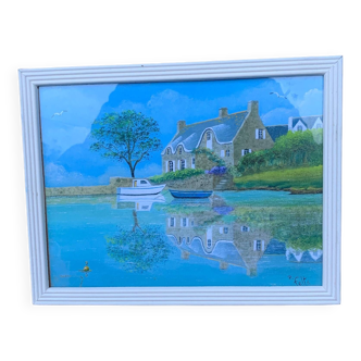 Painting signed Patrick Felte Breton painter country house by the water
