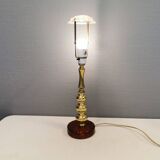 Table lamp from Danish Vitrika in brass, amber colored hard pressed glass, with a shade holder.