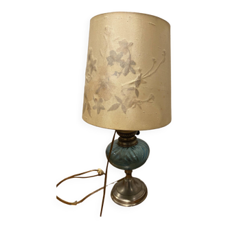 Table lamp, kerosene lamp style, blue glass base, white lampshade