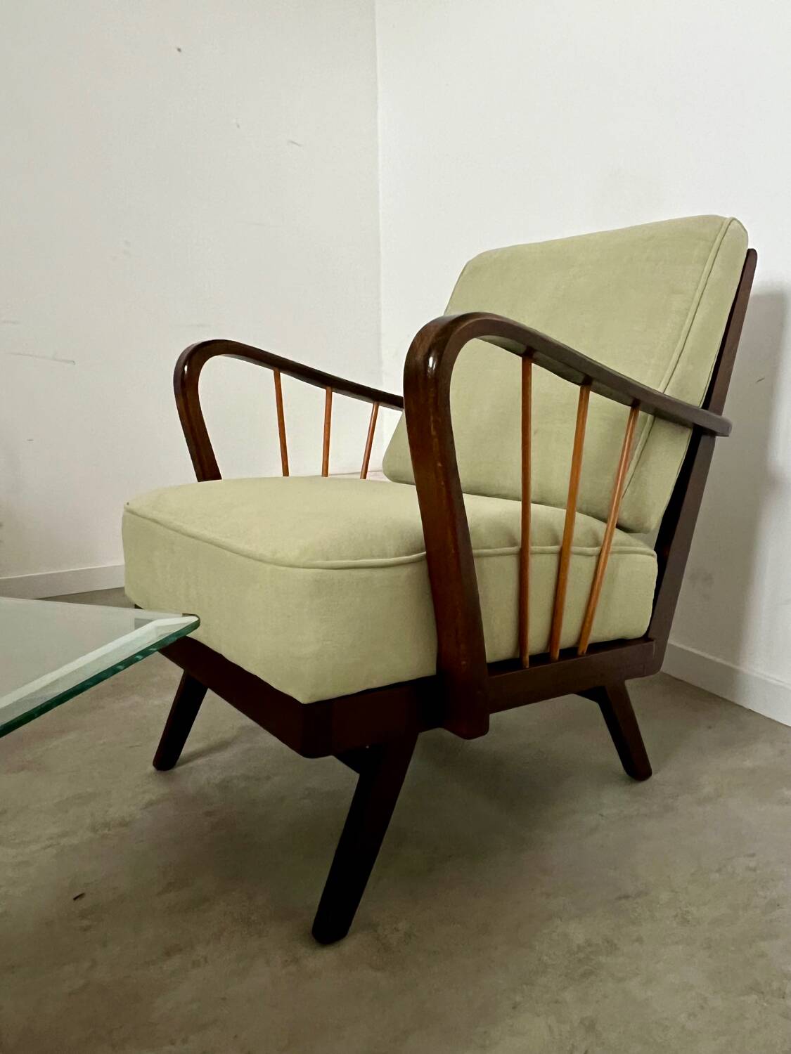 Set 2 old designer fireside chairs from the 50s wood and vintage fabric