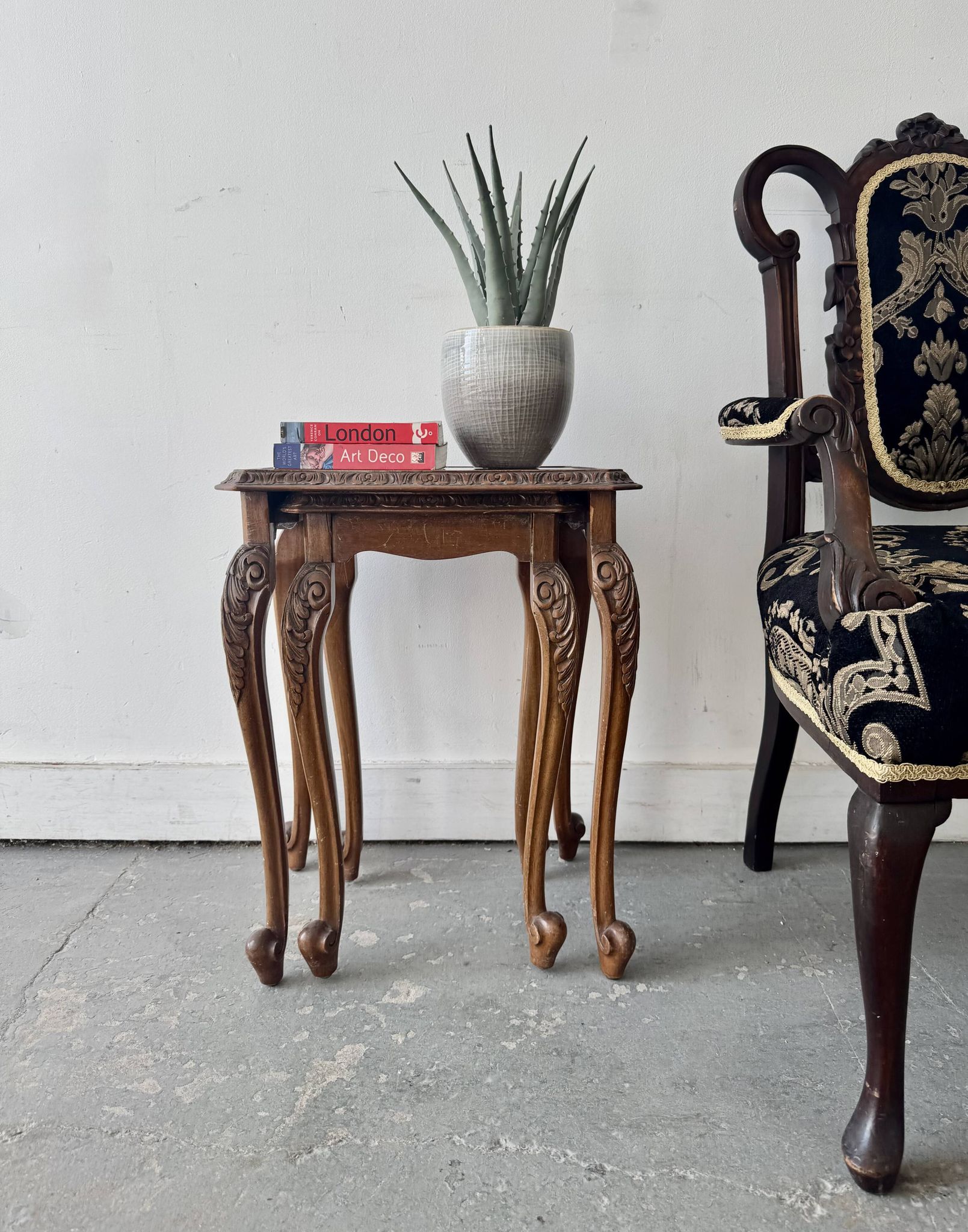 Pair of Vintage Wooden Nesting Tables with Glass Tops & Cabriole Legs
