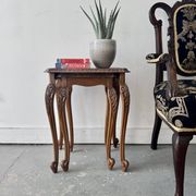 Pair of Vintage Wooden Nesting Tables with Glass Tops & Cabriole Legs