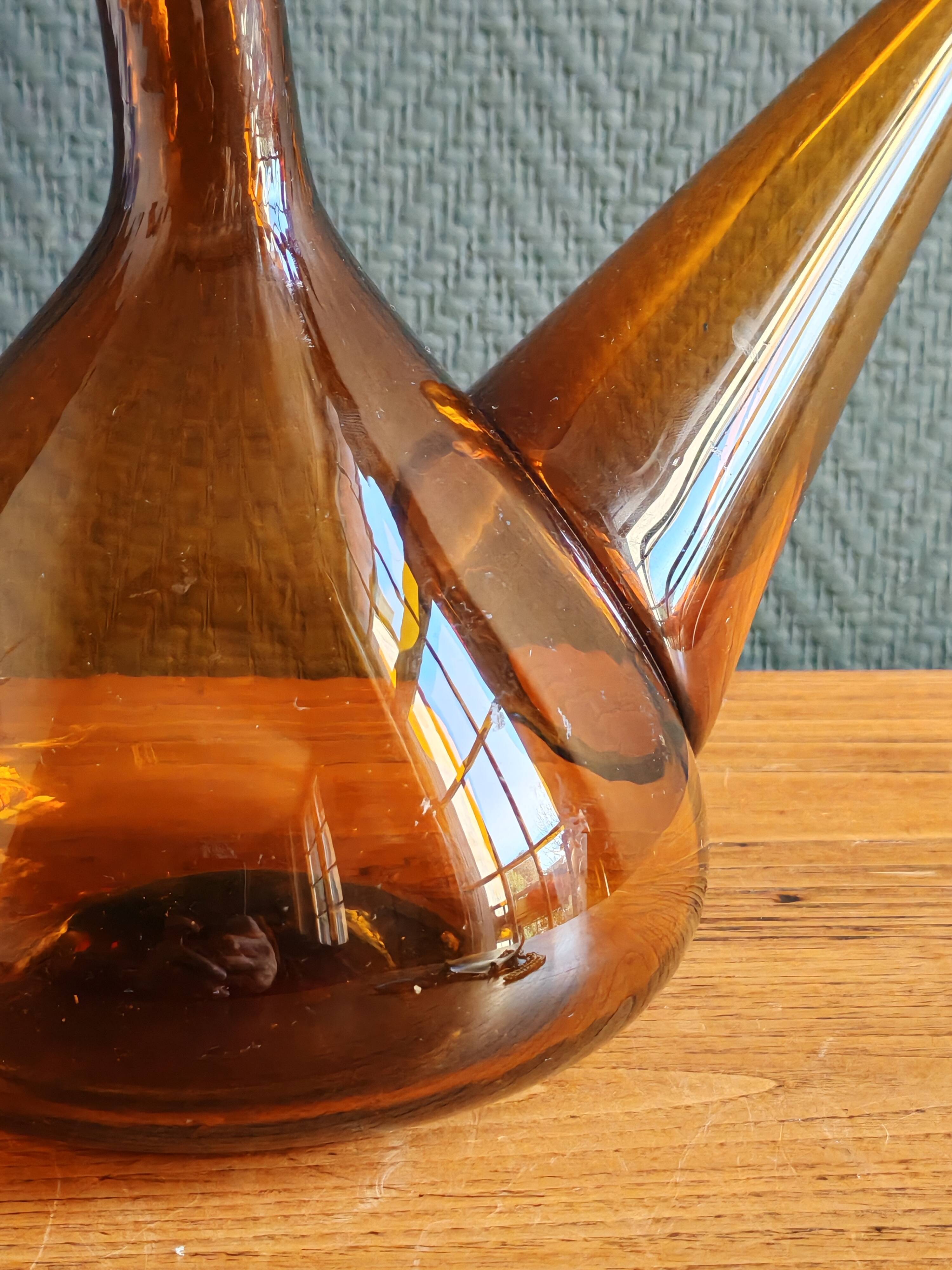 Vintage Amber Glass Wine Carafe - Artisan Decanter in Porron Style