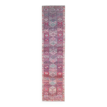 Vintage Turkish Oushak Handmade Cotton Purple Wool Runner Rug 80x348