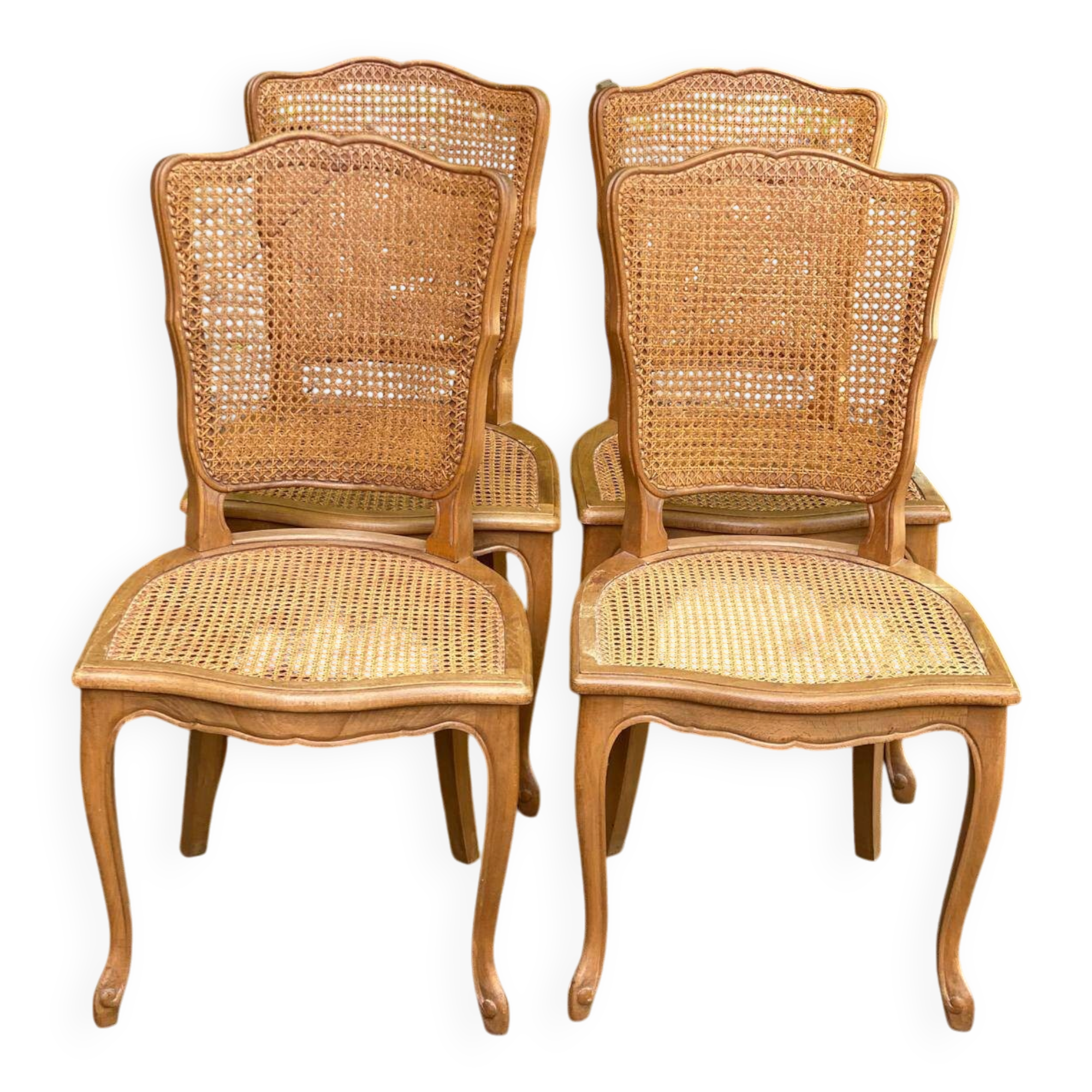 4 Louis XV dining chairs in light solid oak with caning.