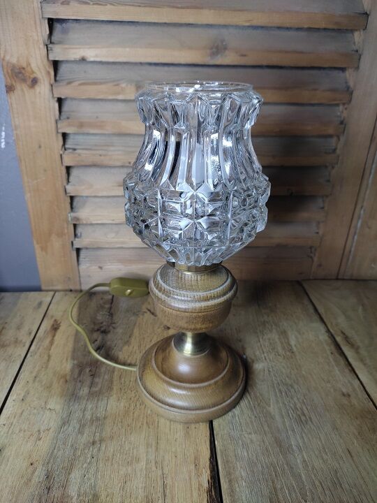 Bedside lamp Desk base brass wood Globe old vintage molded glass