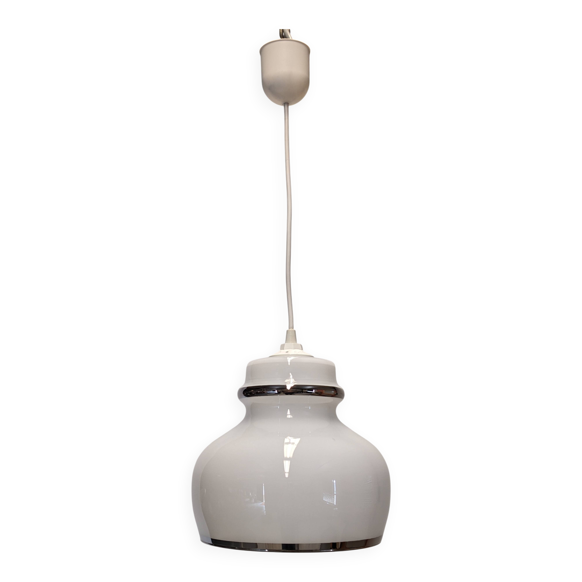 Suspension in white opaline with chrome trim, France circa 1970.