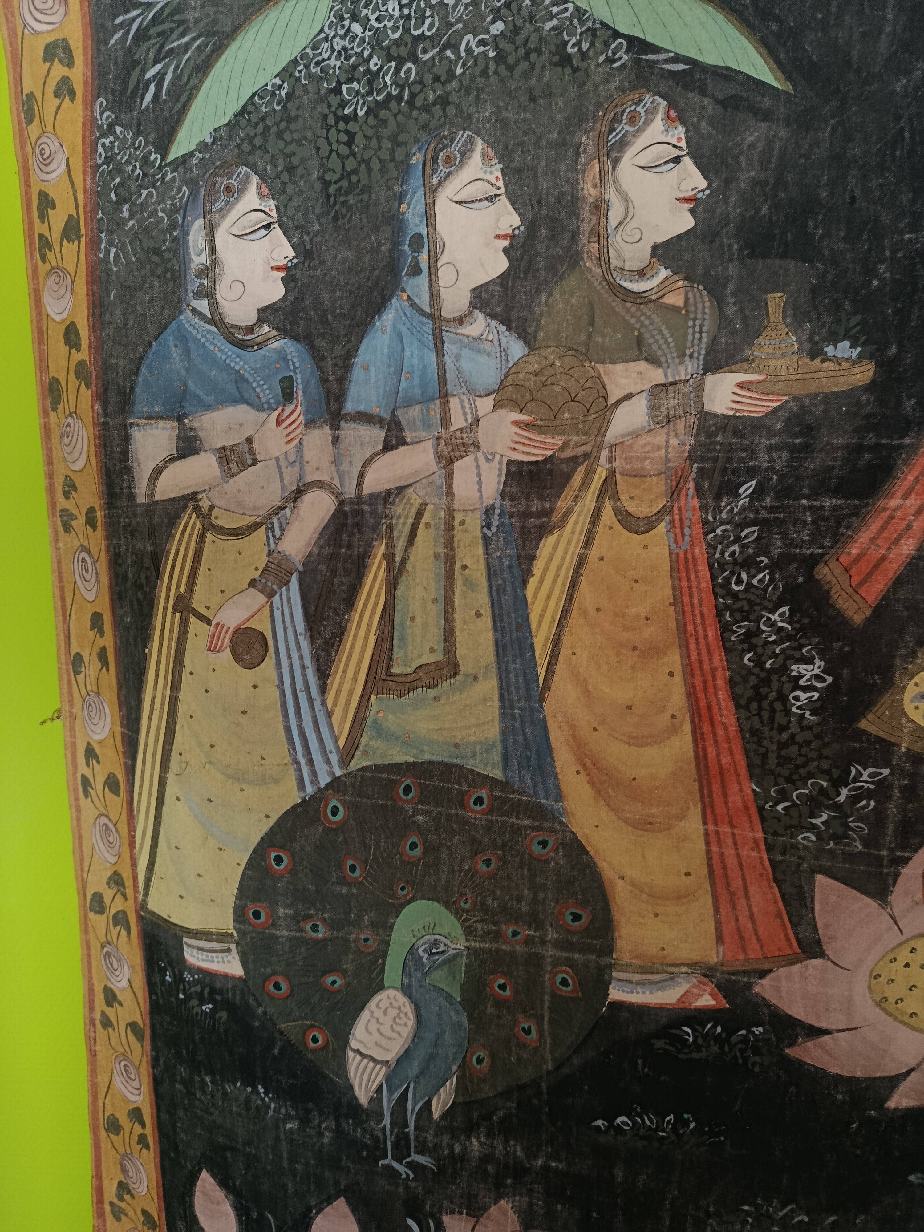 INDIA PICHWAI painting on silk KRISHNA RADHA GOPIS, Kanera Rajasthan mid 20th century