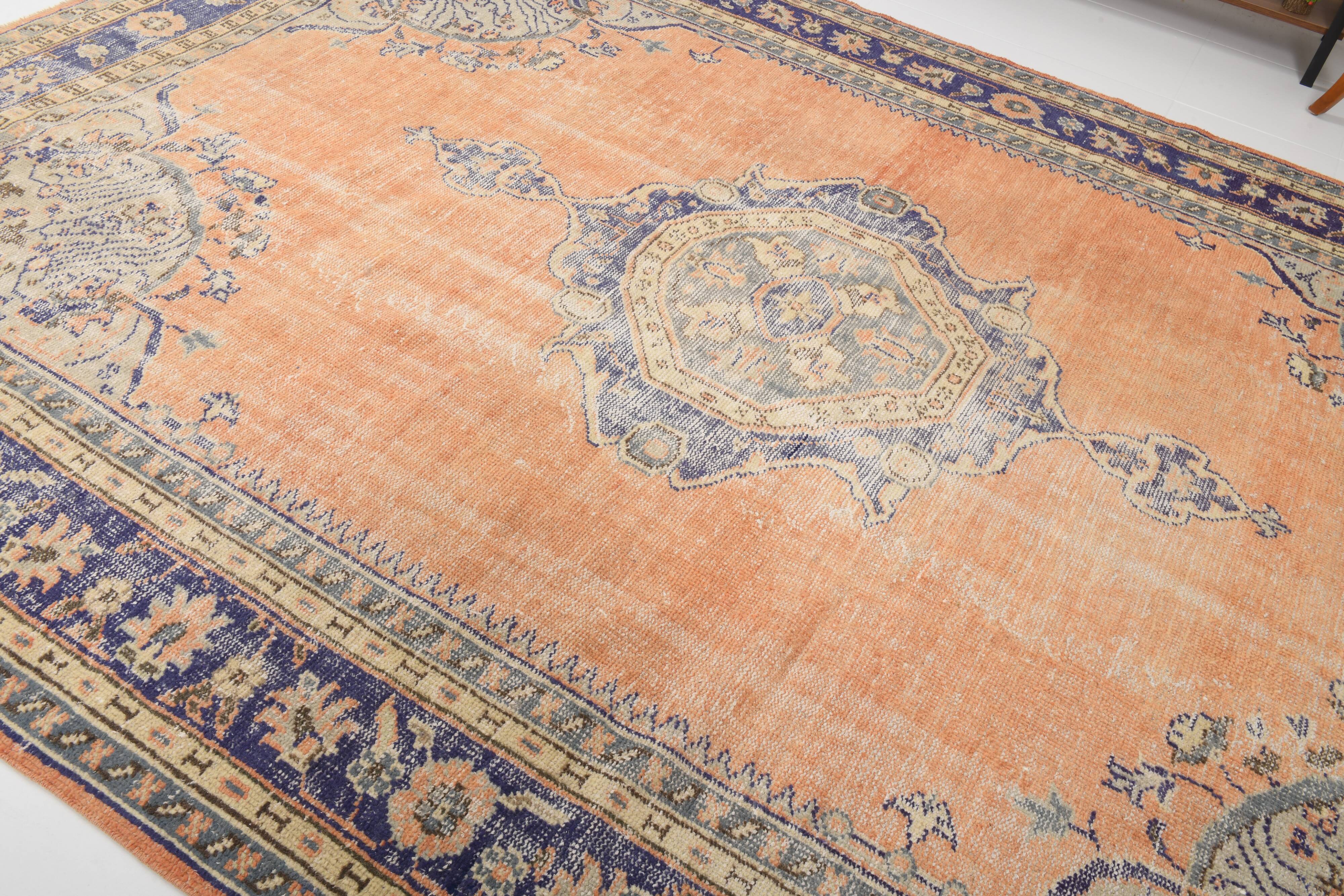 Orange & navy blue turkish vintage rug