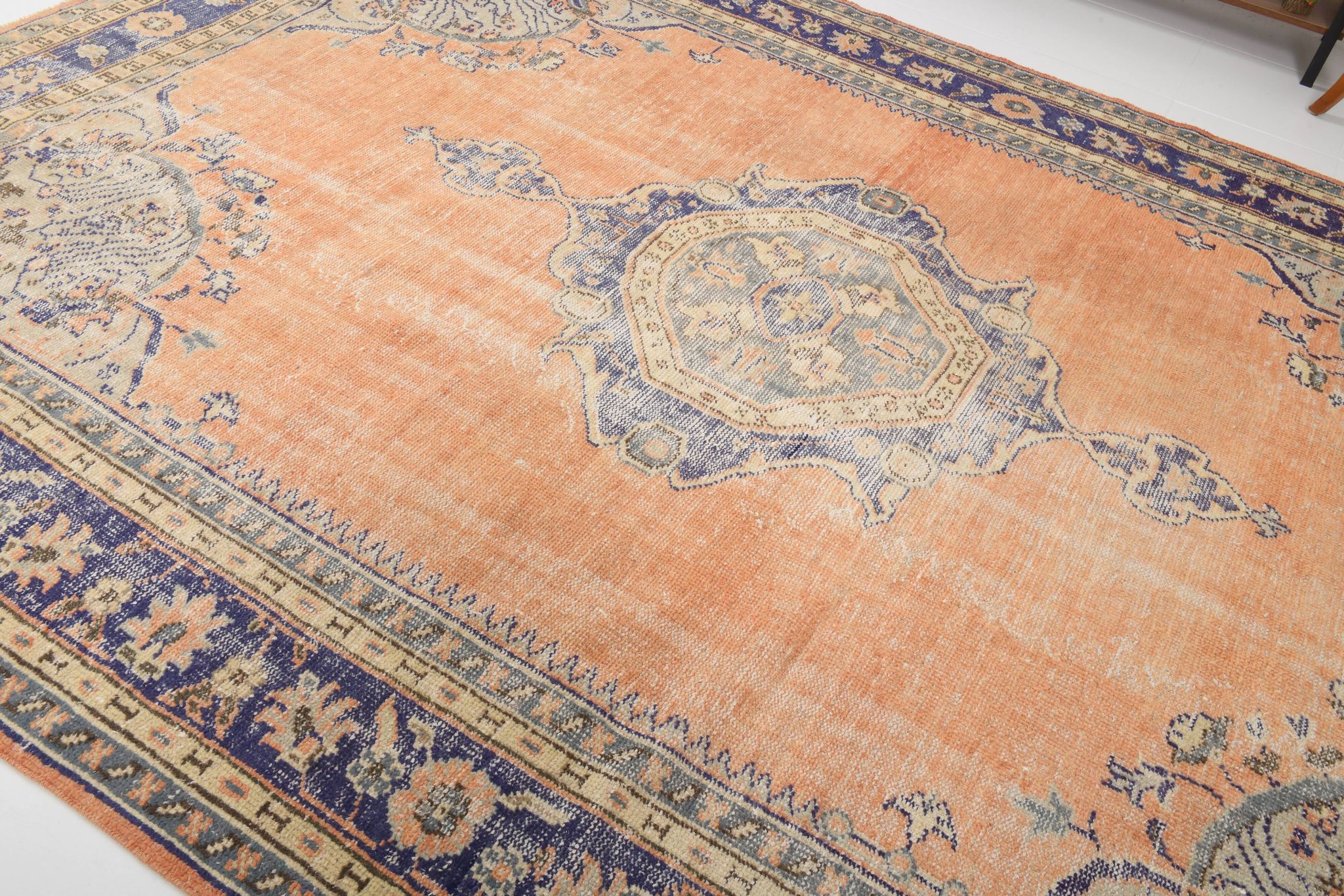 Orange & navy blue turkish vintage rug