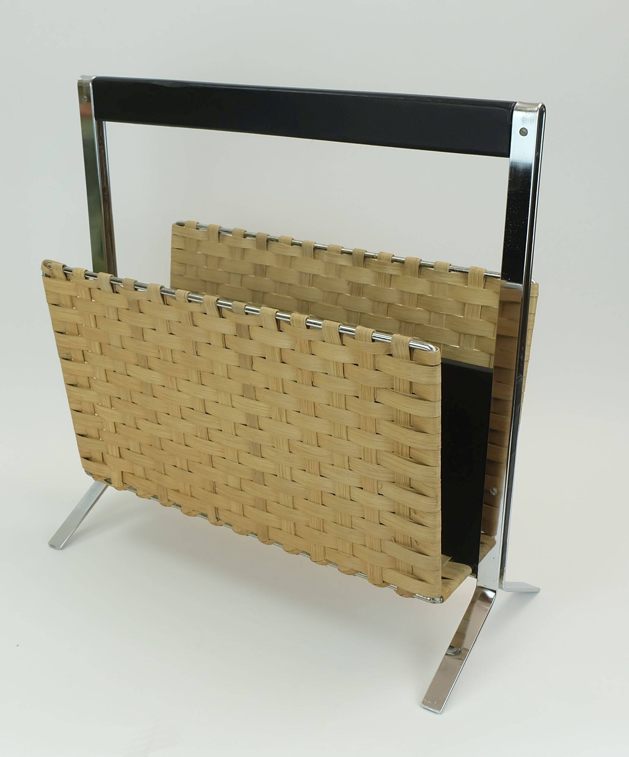 1970s vintage magazine rack newspaper holder chrome leather bamboo