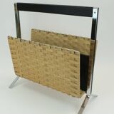 1970s vintage magazine rack newspaper holder chrome leather bamboo