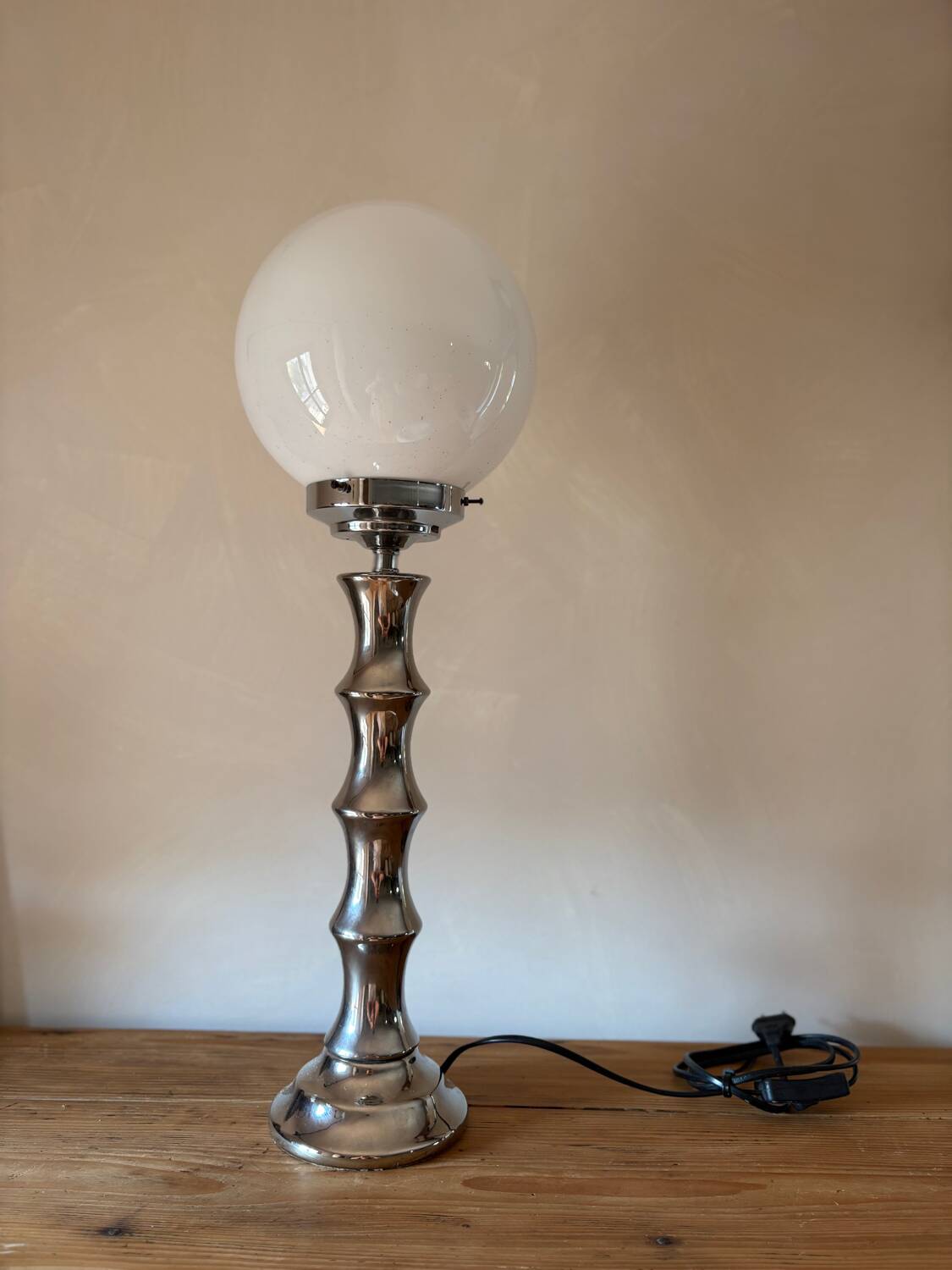 Vintage 1970s chrome globe lamp with bamboo-like finish