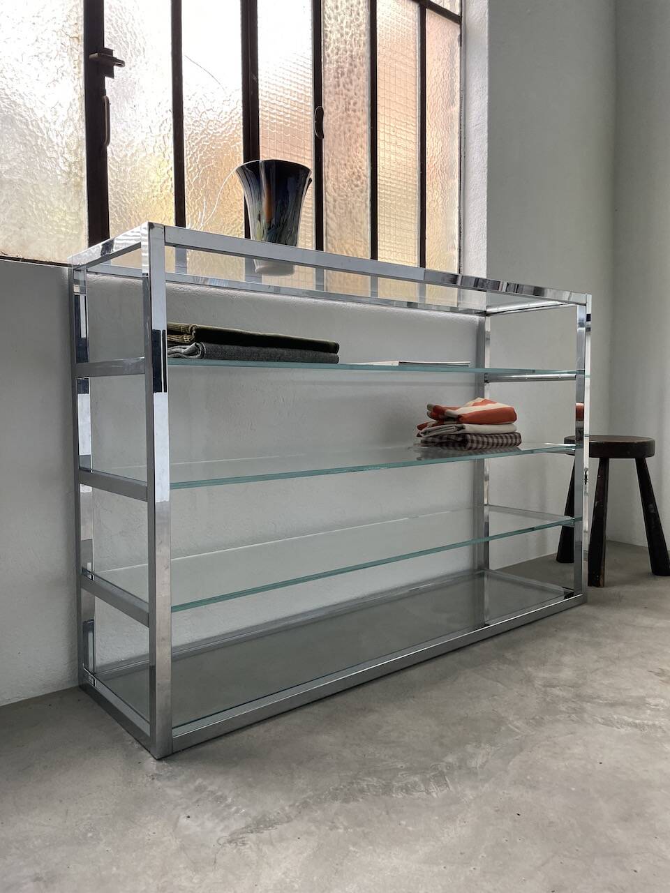 Pair of chrome and glass shelves from the 70s