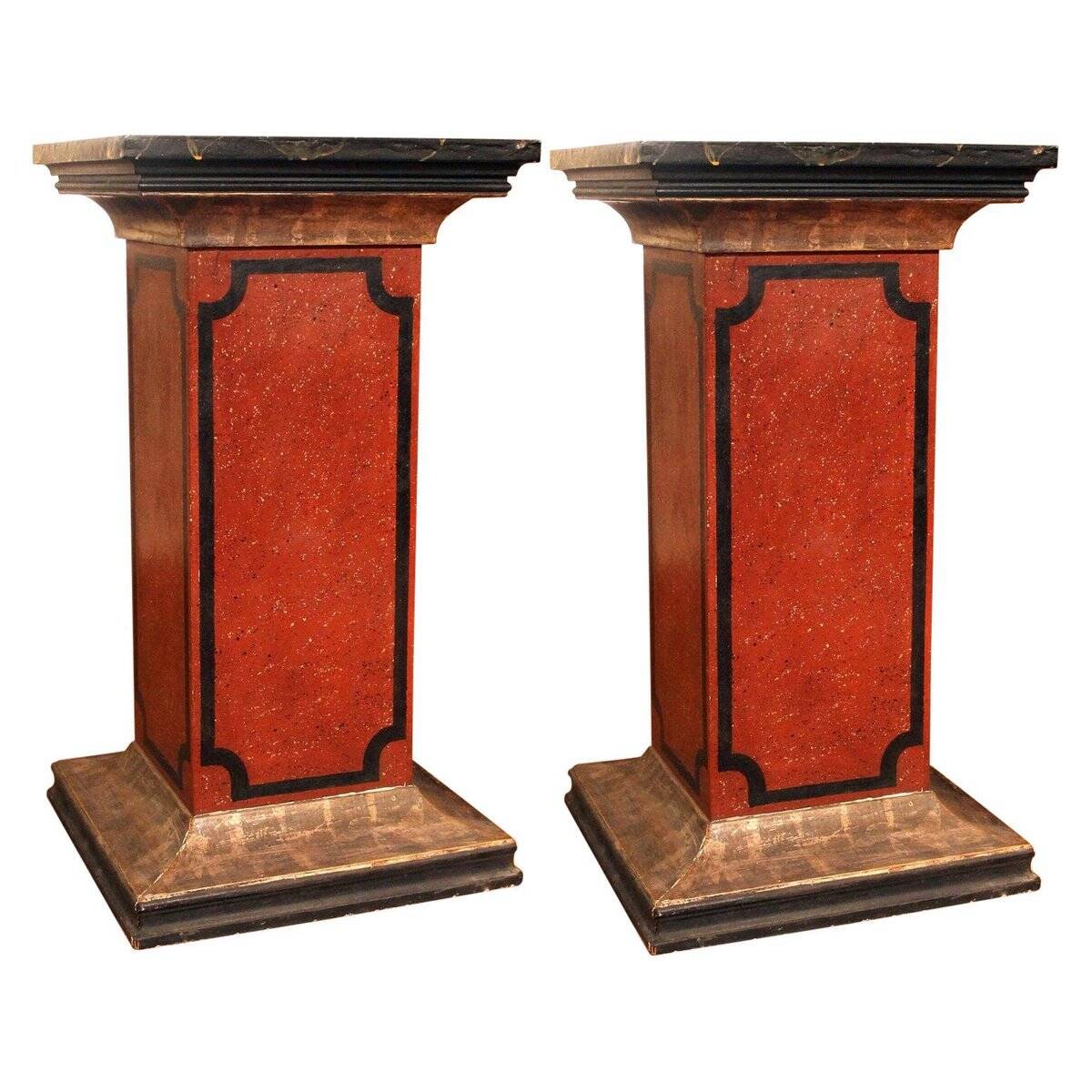 19th Century Italian Faux Marble Lacquer Architectural Pedestals or Columns, Set of 2