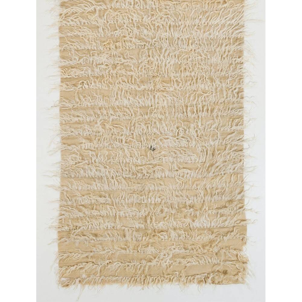 Minimalist Vintage Handknotted Ivory Tulu Runner Rug, 100% Undyed Mohair Wool
