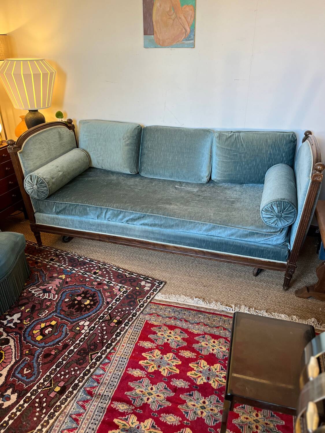 Vintage Louis XVI style blue velvet sofa