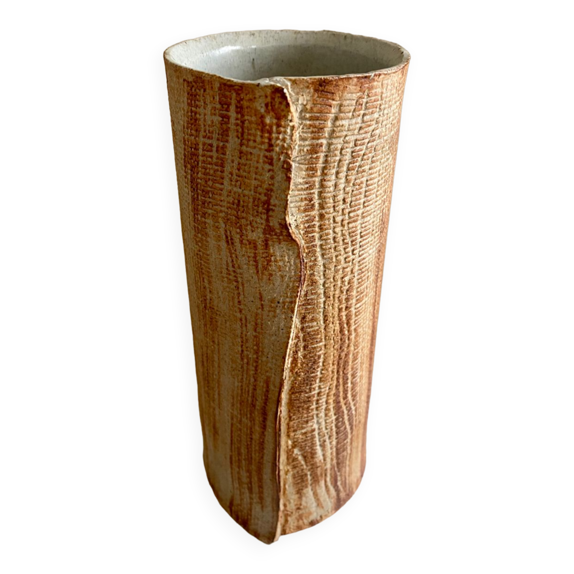 Vase céramique contemporaine grès strié drapé signé
