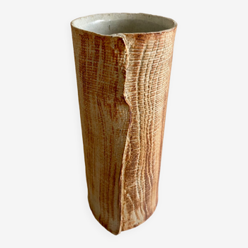 Vase céramique contemporaine grès strié drapé signé