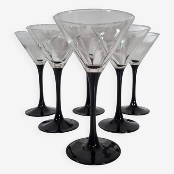 Set of 6 vintage martini glasses with black stem - Luminarc - 70s / 80s
