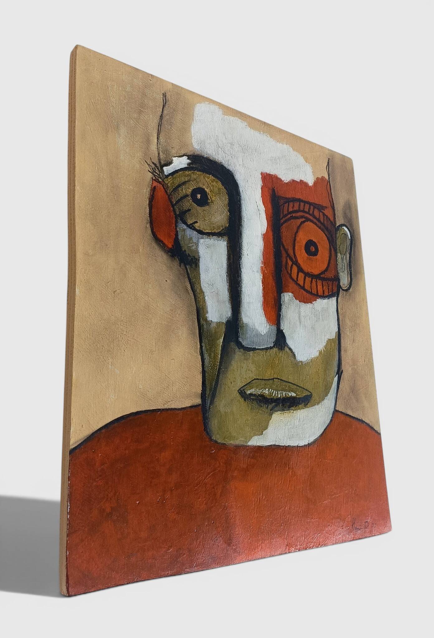 Abstract neo-primitive French portrait painting, mixed media on panel, 1999