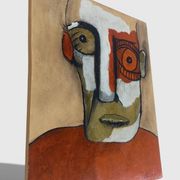Abstract neo-primitive French portrait painting, mixed media on panel, 1999
