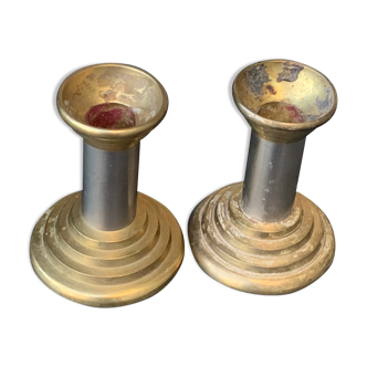 Pair of vintage column candle holders, two-tone metal of gold and silver color