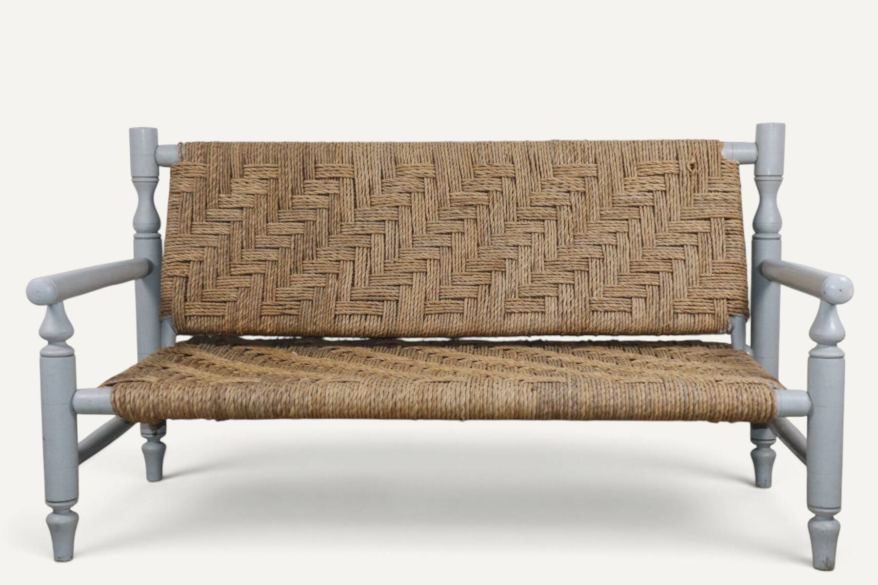 Vintage bench in braided rope and painted wood, 1950s-60s.