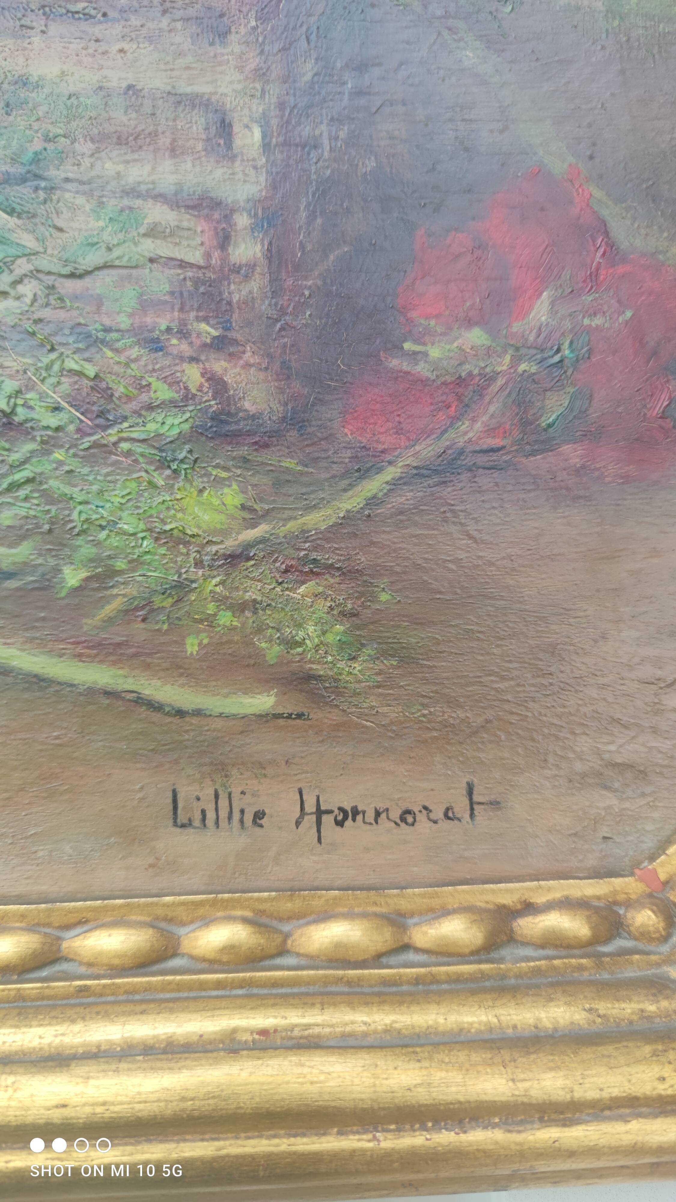 Still life painting, bouquet of flowers, oil on wood by Lillie Honnorat