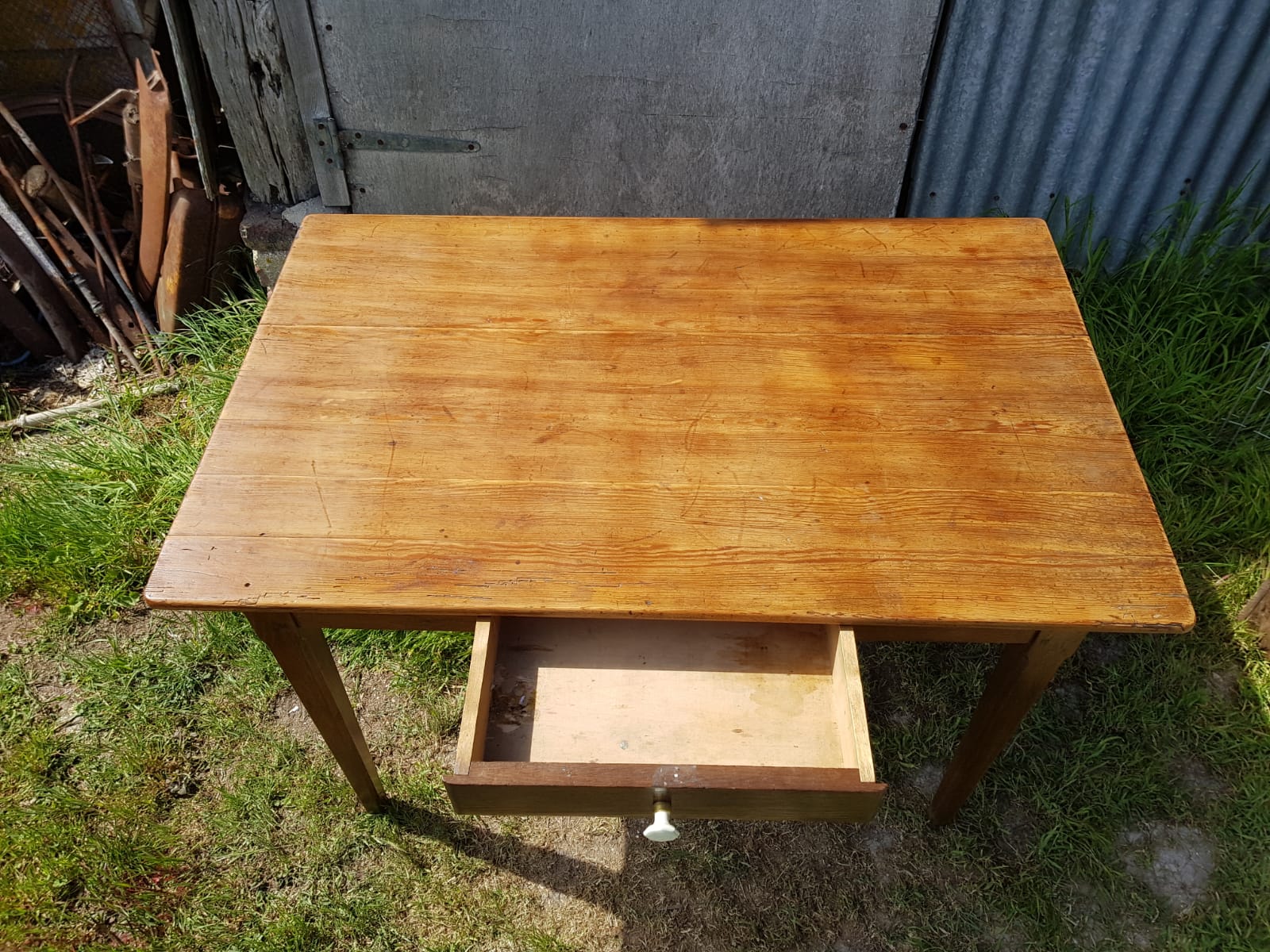 Old Farm Table - Wood Drawer Feet Compas Handle Vintage Porcelain