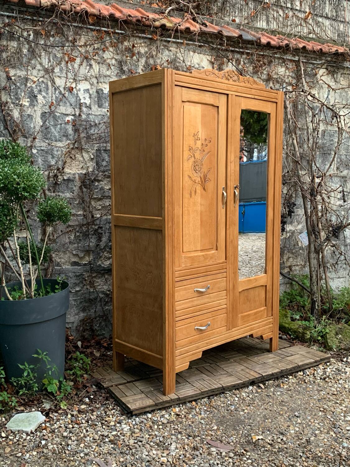 Parisian art deco hotel wardrobe in solid raw oak 1930