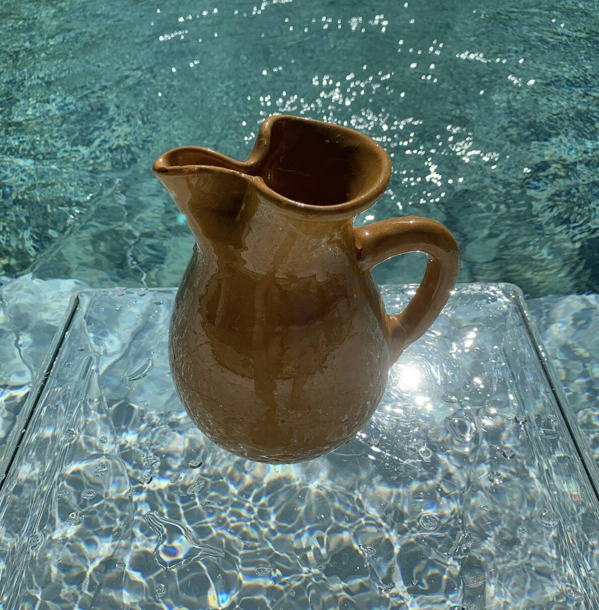 Large vintage artisanal glazed earthenware pitcher with pinched spout