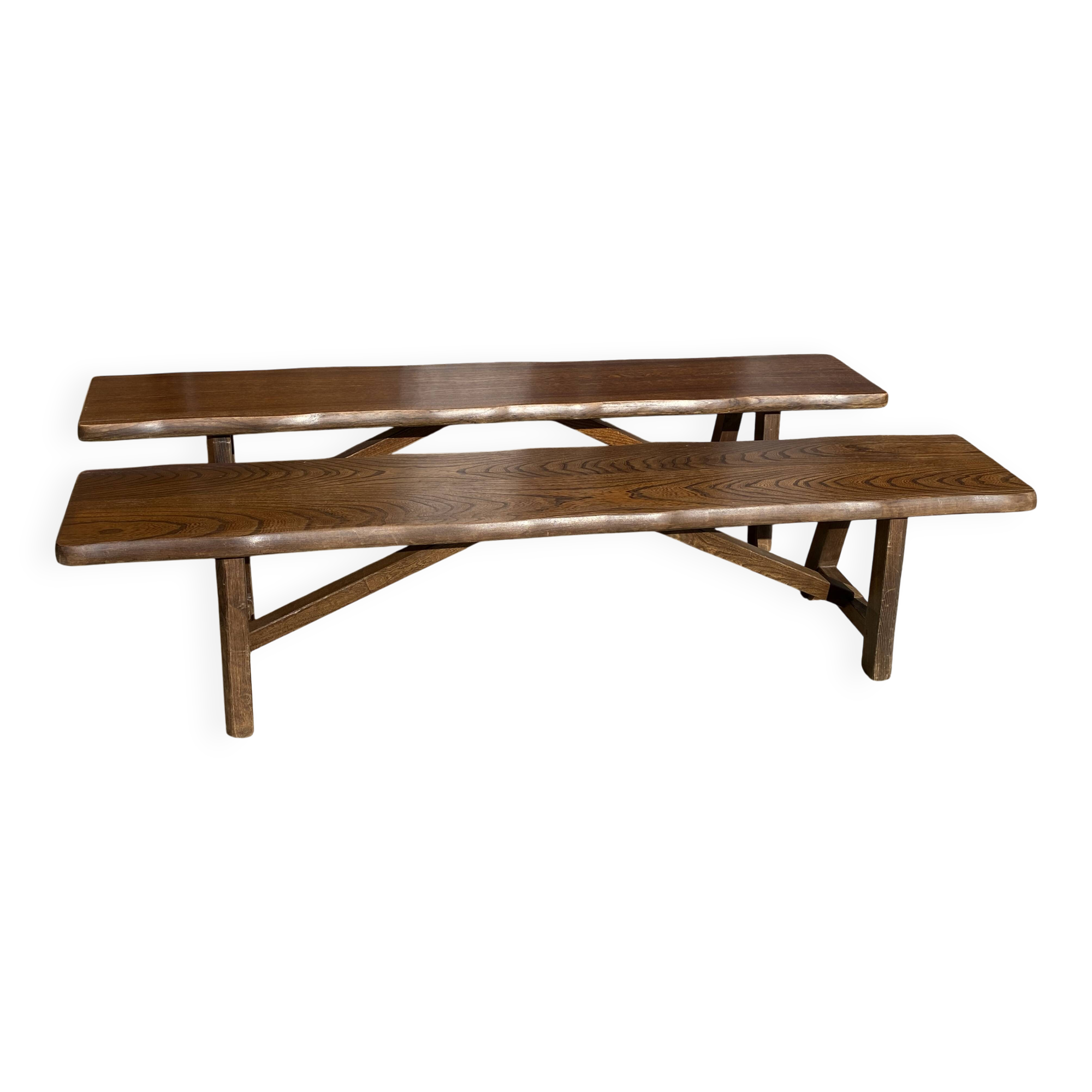 Paire de bancs orme pour table de ferme brutaliste rustique 1950