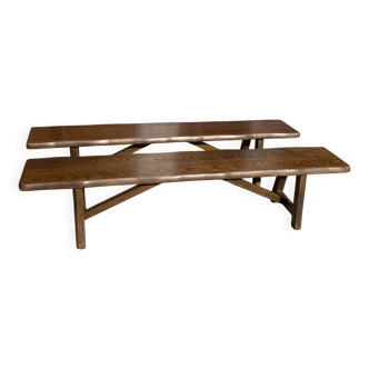 Pair of elm benches for rustic brutalist farmhouse table 1950