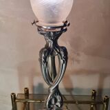 Art Nouveau hallmarked pewter lamp with very fine tulip, 1m of powered wire, 35x15