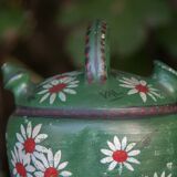Vintage gargoulette, jug, green painted pitcher with daisy patterns