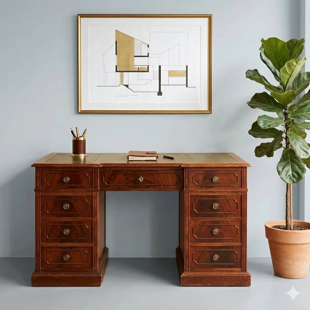 Antique mahogany desk with leather and bronze writing pad, 20th century.