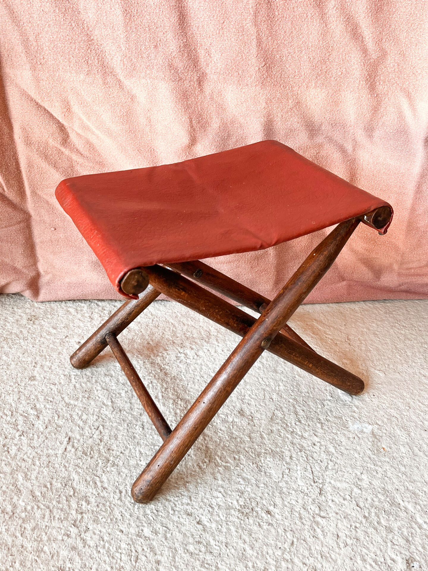 Vintage folding stool Leather & Wood Curule style
