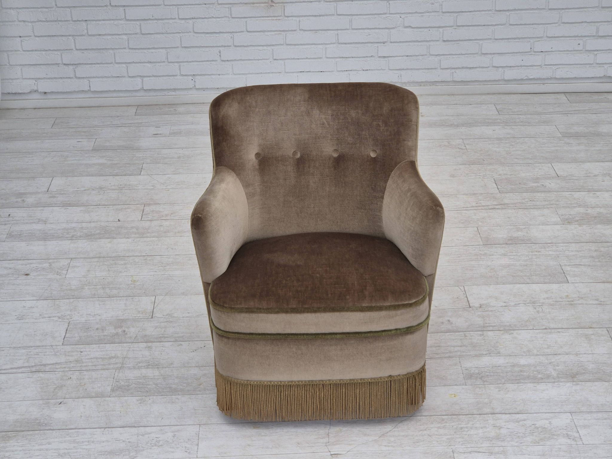 1970s, Danish lounge chair, original condition, furniture velour, beech wood legs.