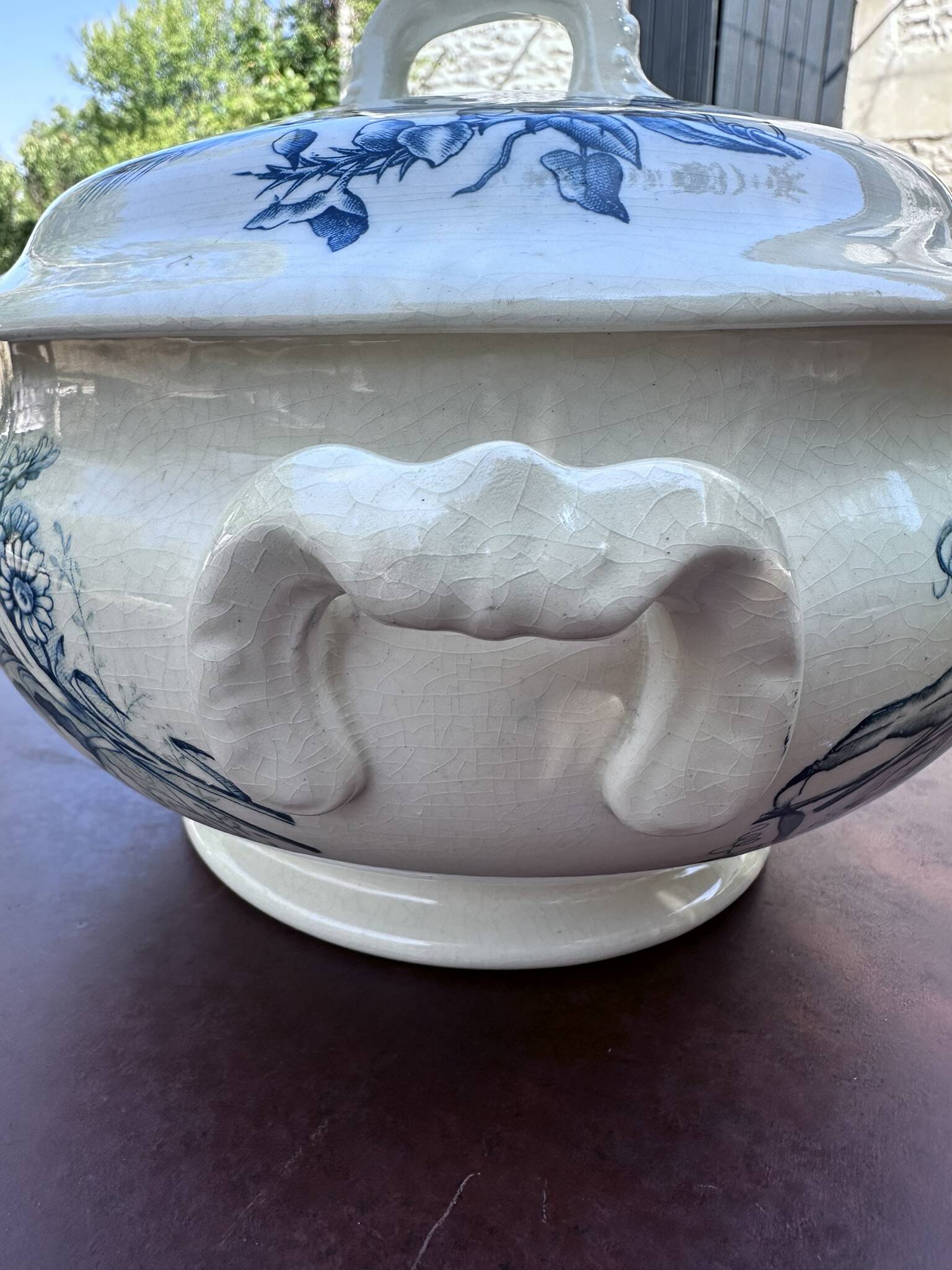 Antique soup tureen, Keller Lunéville earthenware, stamped K, blue decoration.
