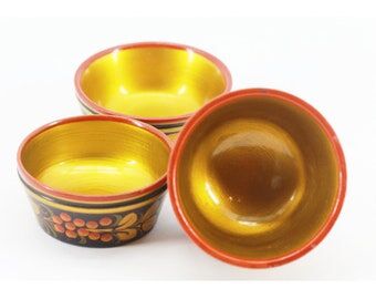 3 cups made of vintage Russian khokhloma wood