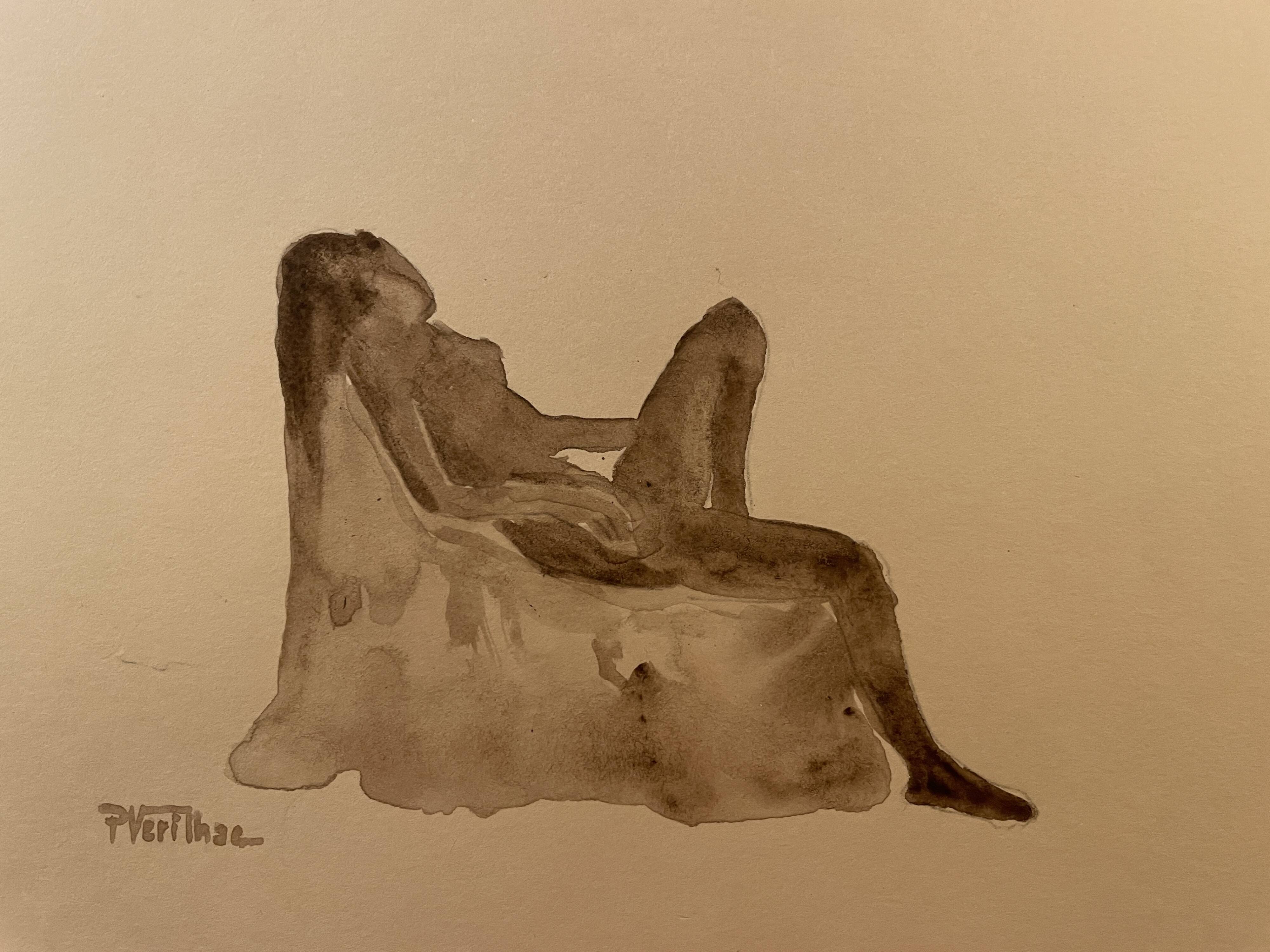 Tableau Aquarelle signé nu féminin au fauteuil