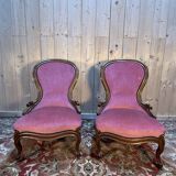 Pair of Louis Philippe armchairs in walnut and pink velvet.